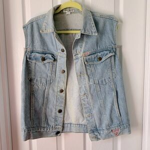 VTG 80s Guess Denim Jean Vest Womens Large Georges Marciano-Distressed-Retro-